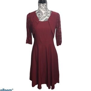 Miusol Dress Dark Red Fit Flare Lace 3/4 Sleeve L